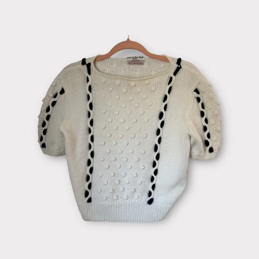 Vintage Hand Knit French Girl Preppy Coastal Short Sleeve Sweater With Pom Poms - Picture 10 of 12